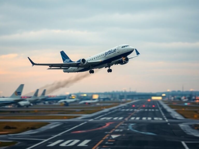 Aerial view of JFK Airport runway with a damaged JetBlue aircraft on the tarmac, police and emergency vehicles nearby, and a