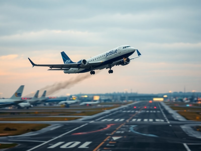 Aerial view of JFK Airport runway with a damaged JetBlue aircraft on the tarmac, police and emergency vehicles nearby, and a