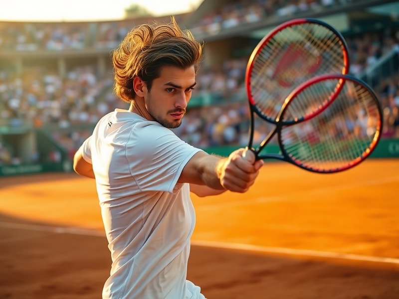 A dynamic action shot of Stefanos Tsitsipas mid-forehand during a clay-court match at Roland-Garros, sweat visible, intense f