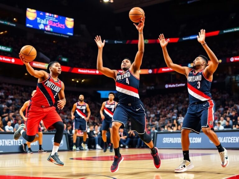 A dynamic action shot of the Portland Trail Blazers on the court, featuring players in their red and black uniforms, with a b