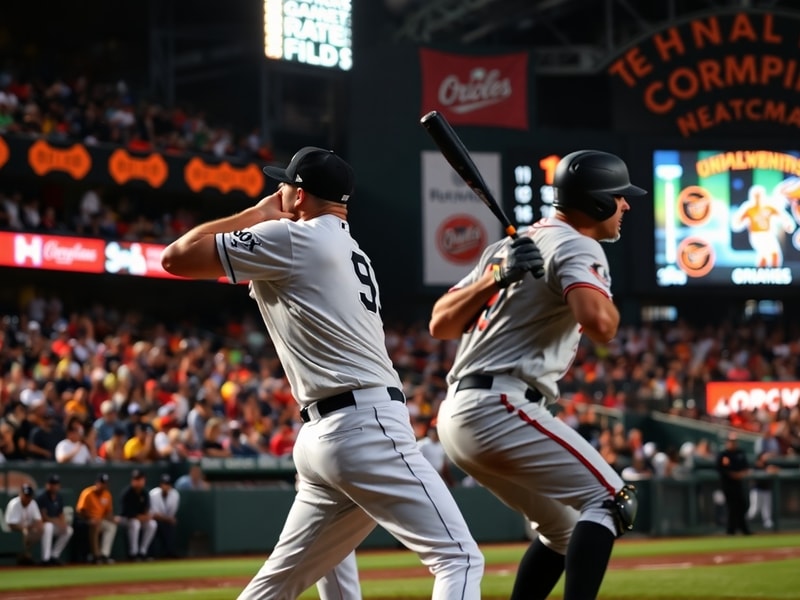 A photo of two baseball players shaking hands after a game, with the Orioles' Camden Yards scoreboard visible in the backgrou