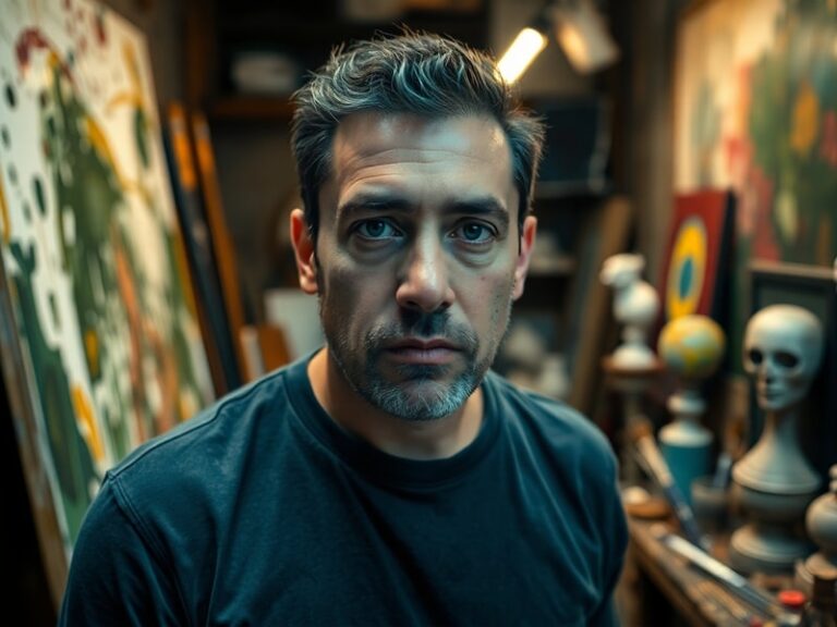 A moody, neon-lit portrait of Matias Galarza performing on stage, wearing a mix of traditional Paraguayan and urban streetwea
