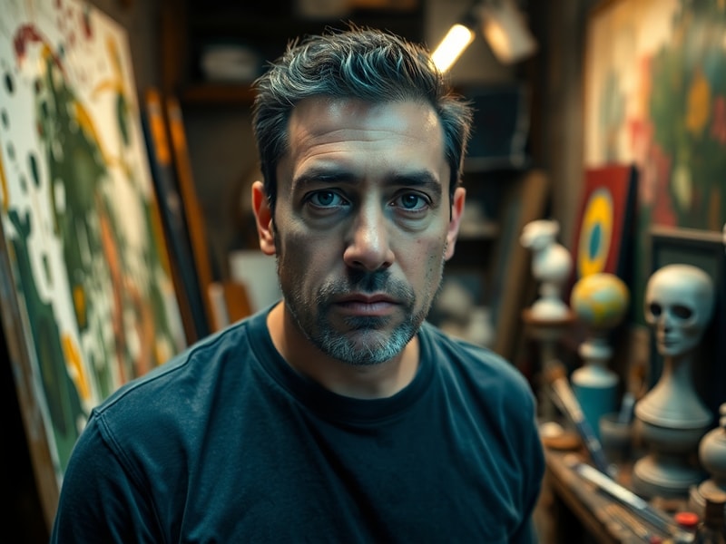 A moody, neon-lit portrait of Matias Galarza performing on stage, wearing a mix of traditional Paraguayan and urban streetwea