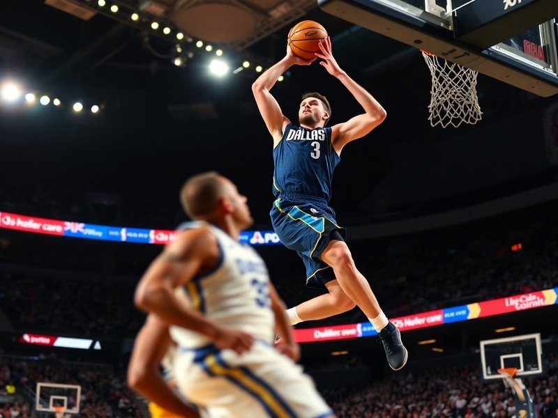 Kristaps Porziņģis mid-game during the 2024 NBA Finals, wearing a Dallas Mavericks jersey, leaping for a layup with a focused