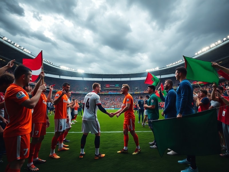 A vibrant stadium scene at night, with Moroccan fans in red waving flags and Dutch supporters in orange, under floodlights. T