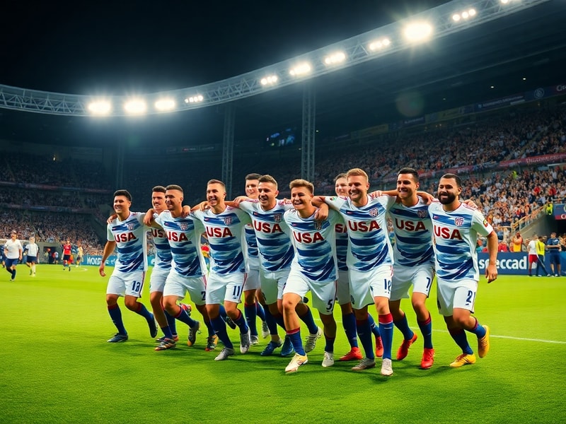 A vibrant stadium interior during a night match, with the USA team celebrating a goal under bright lights, surrounded by a ch