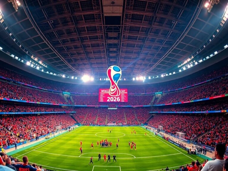 A vibrant stadium interior at dusk, with digital screens displaying the FIFA World Cup 2026 logo. The stands are partially fi