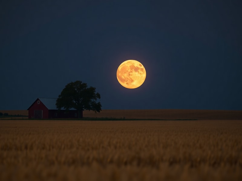 A serene nighttime scene featuring a large, golden Strawberry Moon low on the horizon, reflecting off a still lake. In the fo