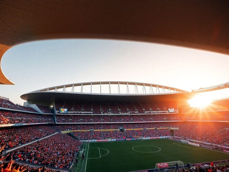 A vibrant nighttime shot of Estadio BBVA in Monterrey, showcasing its illuminated steel roof against the mountainous backdrop