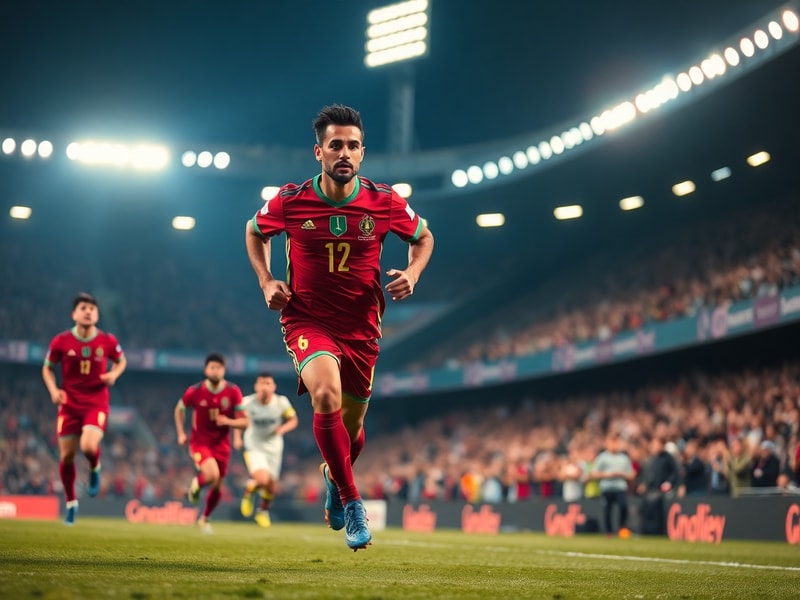 Achraf Hakimi in PSG kit sprinting down the right flank during a match, with blurred stadium lights in the background, dynami