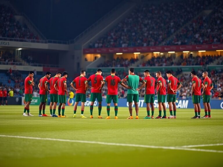 A dynamic photo of the Morocco national football team celebrating on the field, wearing red and green jerseys, with a stadium