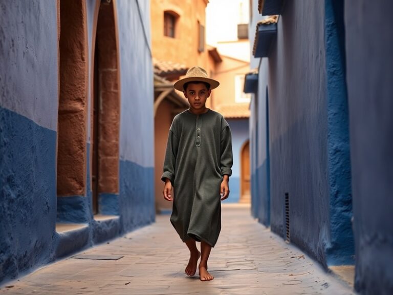 A vibrant studio photograph of Diop Morocco surrounded by his mixed-media artworks, featuring traditional Moroccan motifs and