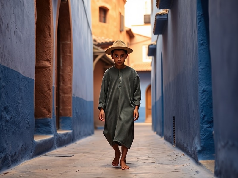 A vibrant studio photograph of Diop Morocco surrounded by his mixed-media artworks, featuring traditional Moroccan motifs and