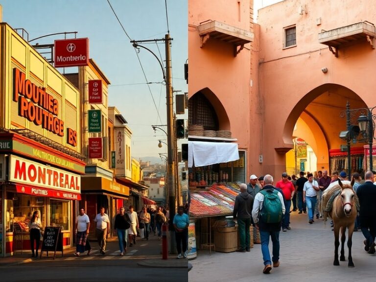 A vibrant street scene in Rabat with Canadian and Moroccan flags side by side, featuring a mix of modern and traditional arch