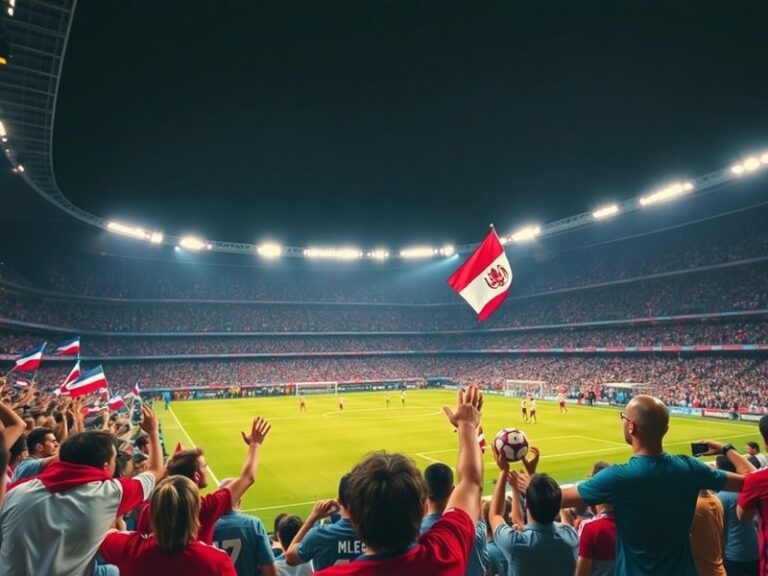 A vibrant stadium scene at dusk with multiple screens showing upcoming World Cup matches, fans in team colors holding flags,