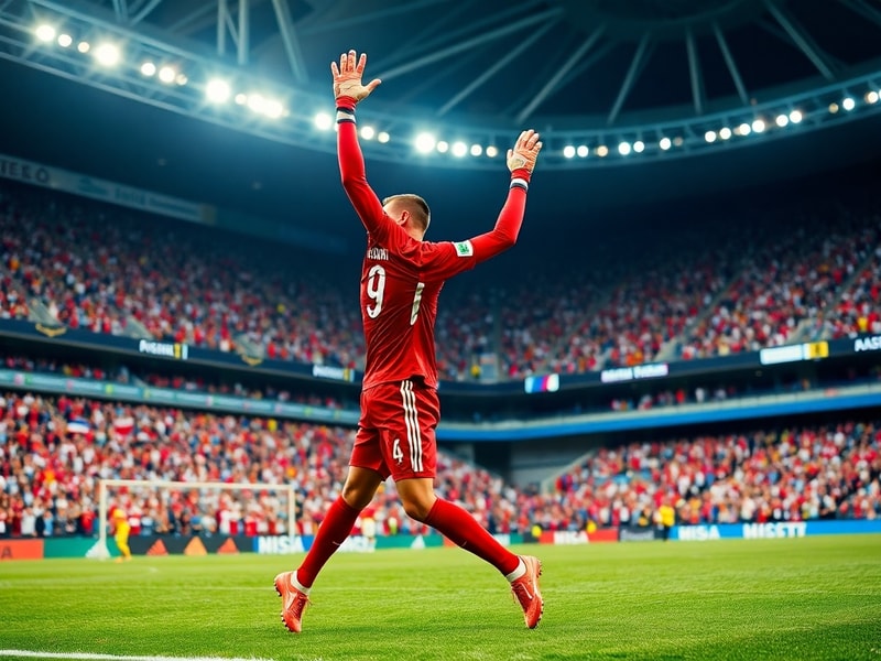 A vibrant action shot of Kylian Mbappé celebrating a goal during the 2018 World Cup final, with the French team in blue jerse