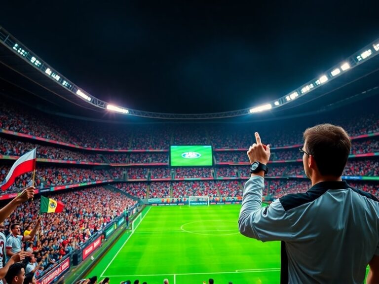 A vibrant stadium packed with fans waving flags, players in action under bright floodlights, and a scoreboard displaying 'Wor