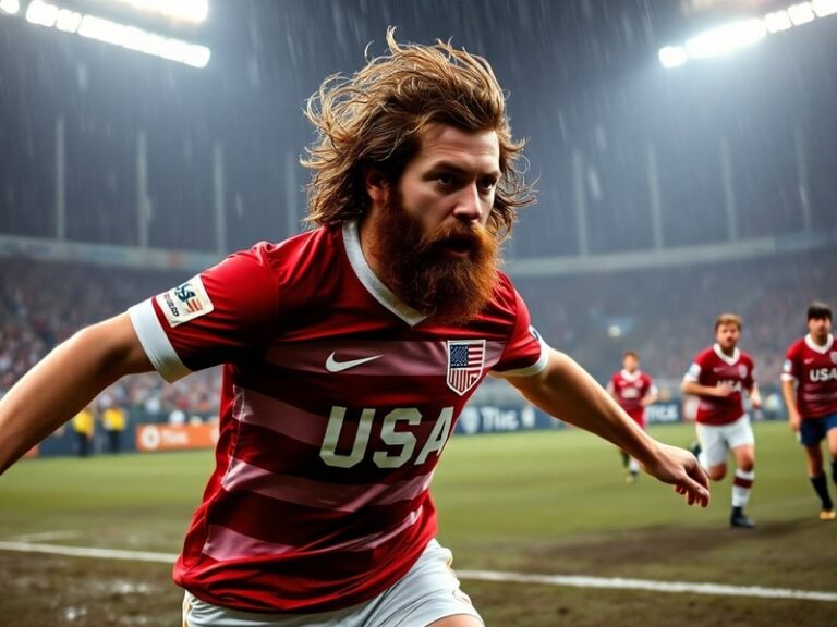 Alexi Lalas in a 1990s U.S. Soccer uniform, mid-game, with his iconic red hair flowing, surrounded by teammates and opponents