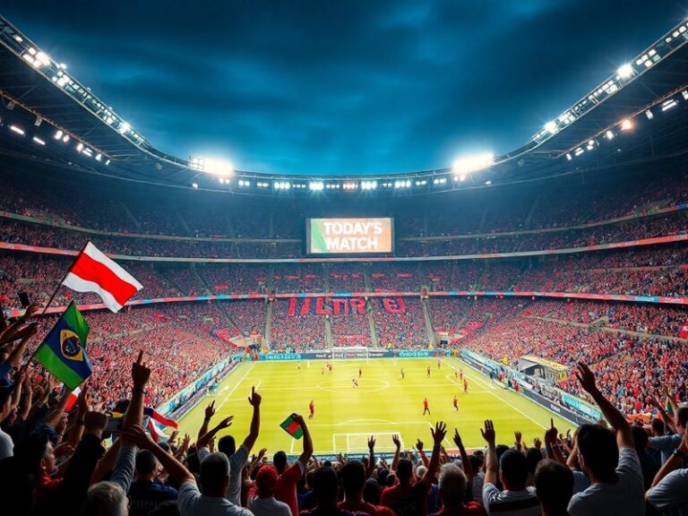 A vibrant soccer stadium at dusk with floodlights illuminating the field, players in action during a high-stakes match, and f