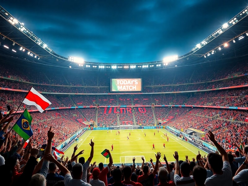 A vibrant soccer stadium at dusk with floodlights illuminating the field, players in action during a high-stakes match, and f