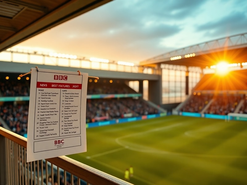 A close-up shot of a smartphone screen displaying the BBC Sport fixtures page, surrounded by a Premier League trophy, Champio
