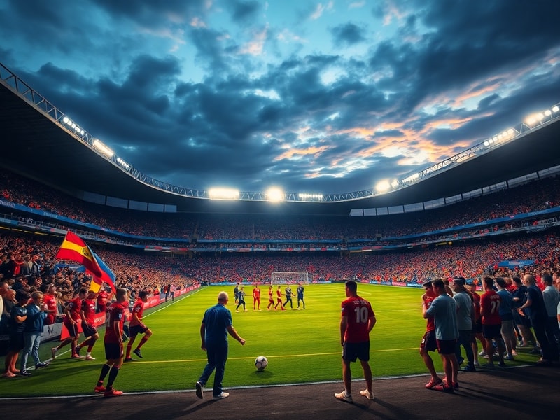 A vibrant stadium scene at dusk with floodlights illuminating the pitch, fans in national colors holding scarves and flags, a