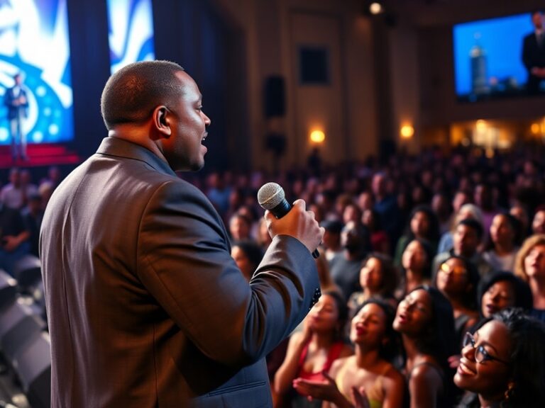 A vibrant concert scene of Kirk Franklin on stage at the Wells Fargo Center in Philadelphia, with a choir in coordinated robe