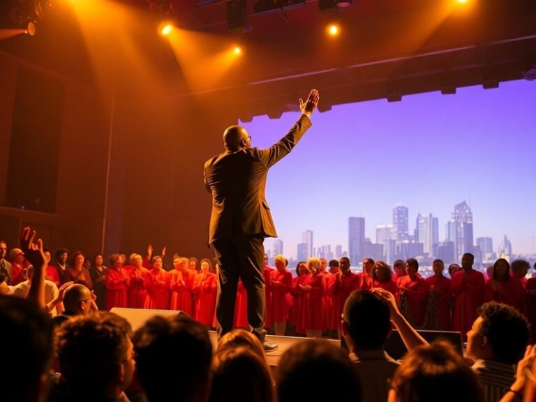 A vibrant concert scene at Philadelphia’s Wells Fargo Center featuring Kirk Franklin on stage, surrounded by a diverse, enthu