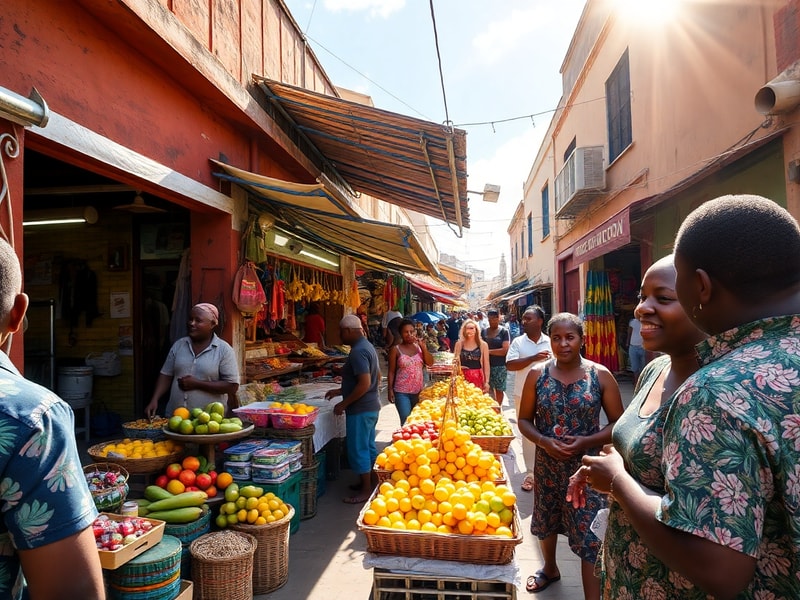A vibrant street scene in Little Haiti, Miami, with colorful murals depicting Haitian history and culture, people dancing to