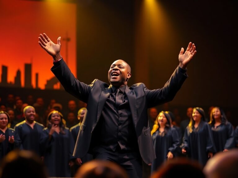 A vibrant concert scene at the Wells Fargo Center featuring Kirk Franklin on stage, leading a large gospel choir in a dynamic
