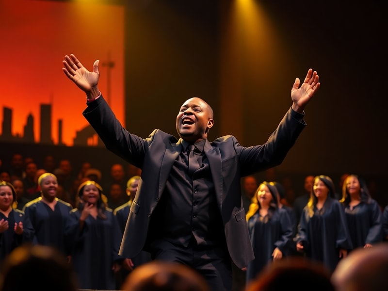 A vibrant concert scene at the Wells Fargo Center featuring Kirk Franklin on stage, leading a large gospel choir in a dynamic