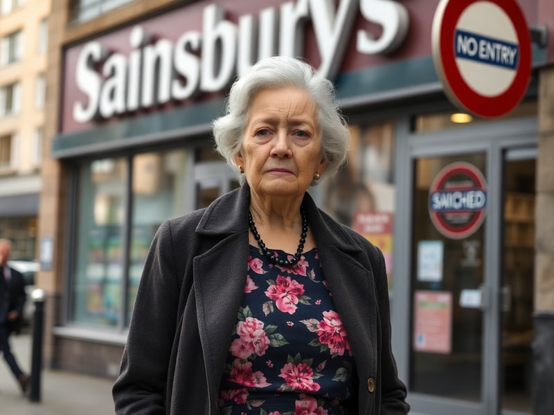 A well-lit Sainsbury’s supermarket aisle with an elderly woman in a headscarf pushing a shopping cart, facing away from the c