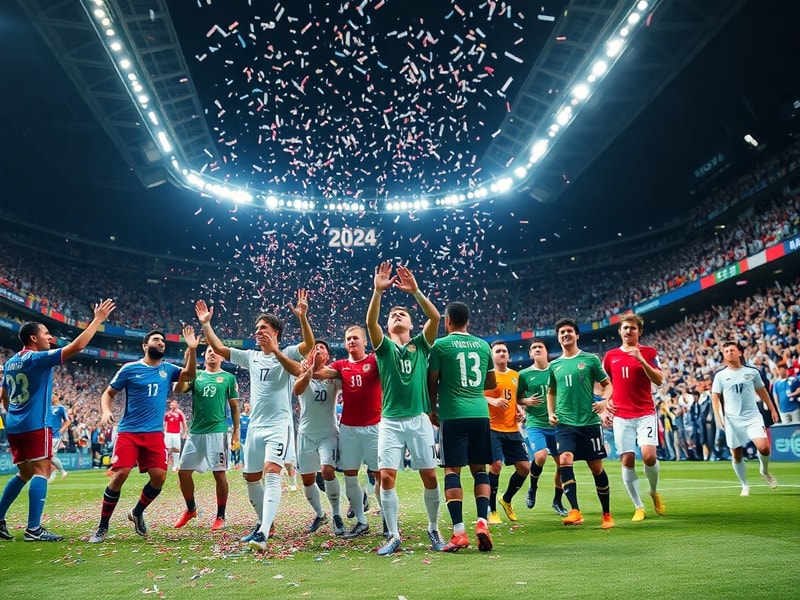 A collage of diverse World Cup players in action—Messi lifting the trophy, Mbappé celebrating a goal, African players in vibr