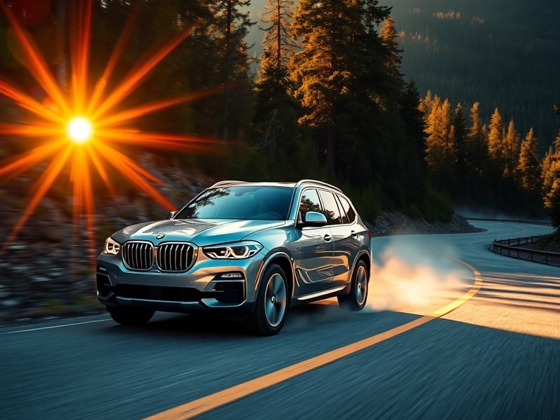 A side-profile shot of a black BMW X5 G60 driving on a winding coastal road at golden hour, showcasing its sleek design, LED
