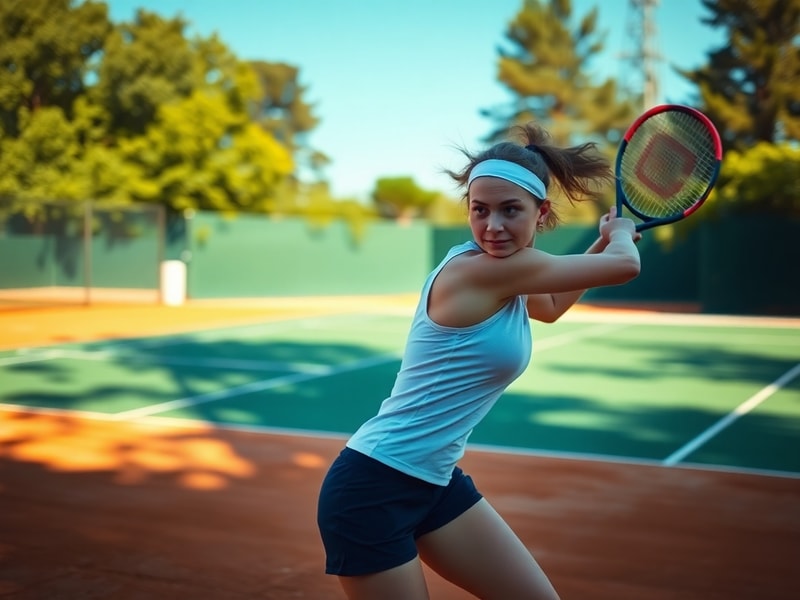 Robin Montgomery mid-serve on a blue hard court, wearing a sleeveless white tennis dress, with a focused expression. The back