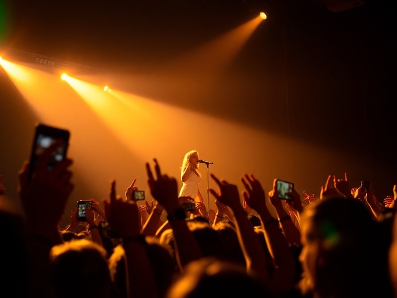 A vibrant concert shot of Lily Allen performing on stage at Brixton Academy, bathed in warm stage lights with a diverse crowd