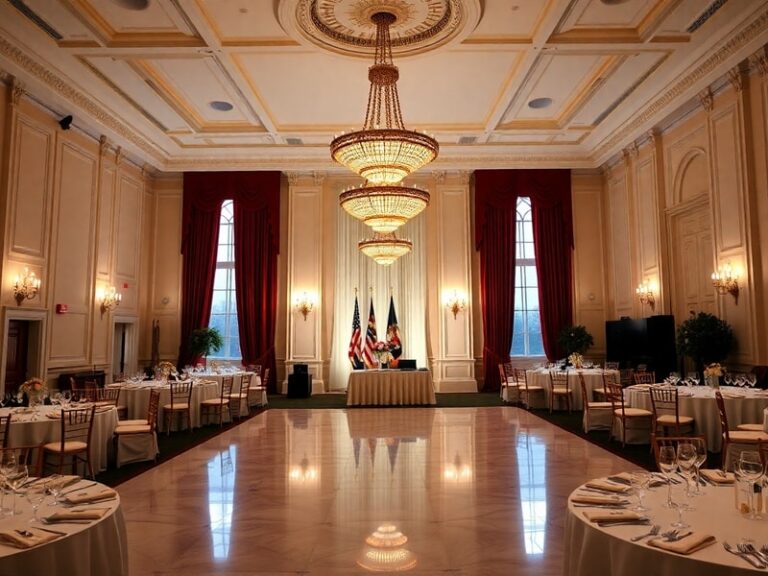 A wide-angle view of the elegant East Wing Ballroom at the White House, featuring grand chandeliers, marble floors, and forma