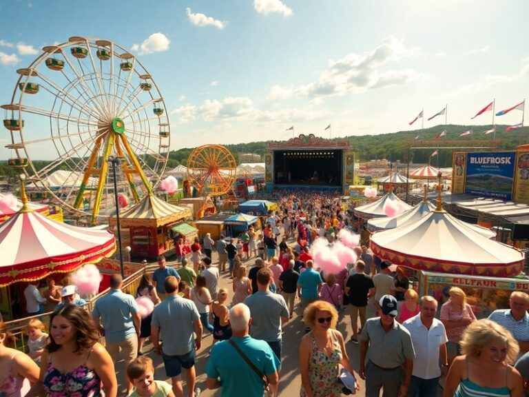 A vibrant scene at a state fair: a Ferris wheel against a sunset sky, with a crowd of families enjoying fried food, livestock