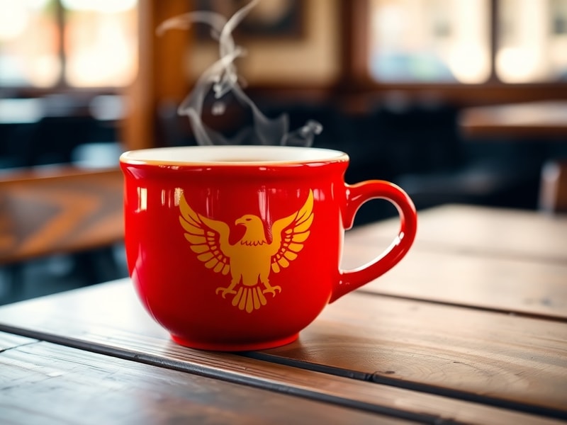 A close-up shot of the Dunkin' Eagle Cup holding a breakfast sandwich, with a steaming coffee beside it. The cup's eagle-wing