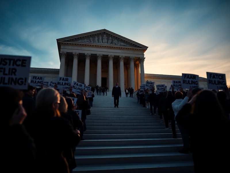 A gavel resting on the U.S. Constitution with the Supreme Court building in the background, bathed in golden light to convey