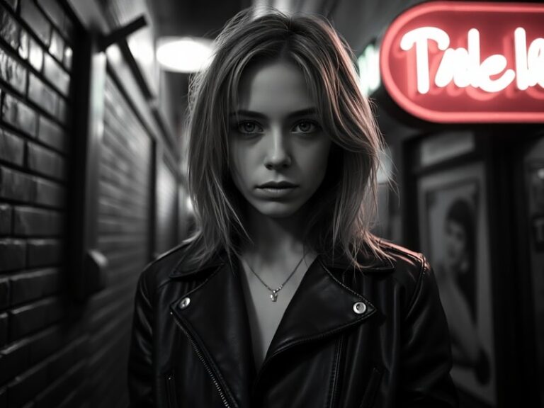 Chloë Sevigny in a stylish, moody portrait featuring a mix of vintage and modern fashion, set against an urban backdrop with
