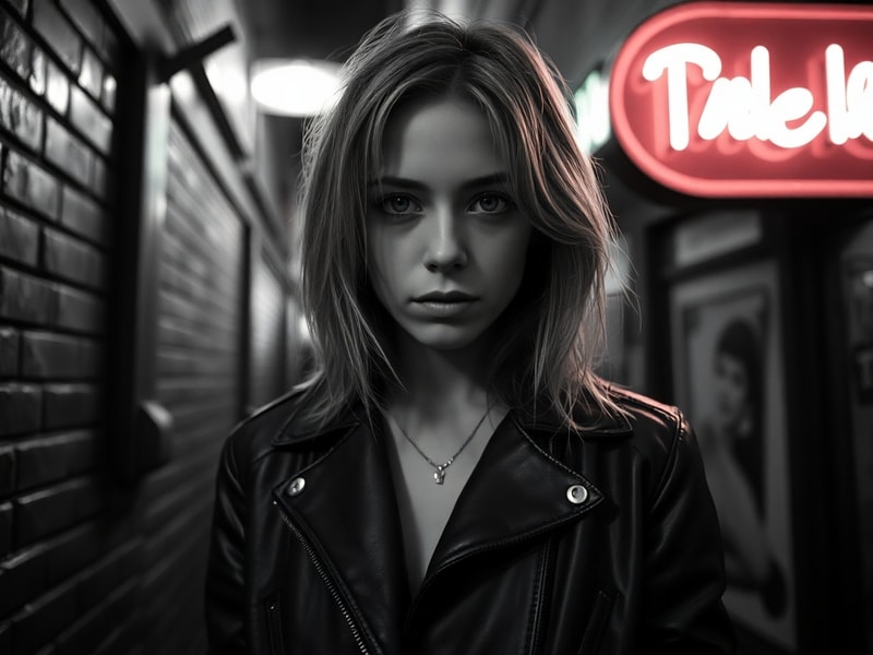 Chloë Sevigny in a stylish, moody portrait featuring a mix of vintage and modern fashion, set against an urban backdrop with