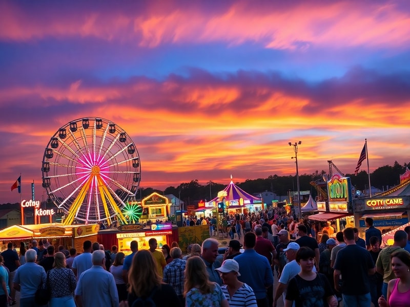 A vibrant aerial view of a state fairground at dusk, showing colorful rides, food stalls with bright lights, livestock tents,