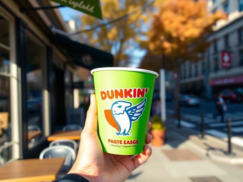 A close-up of a stack of Dunkin’ Eagle Cups in various colors, placed on a marble countertop with a blurred Dunkin’ storefron