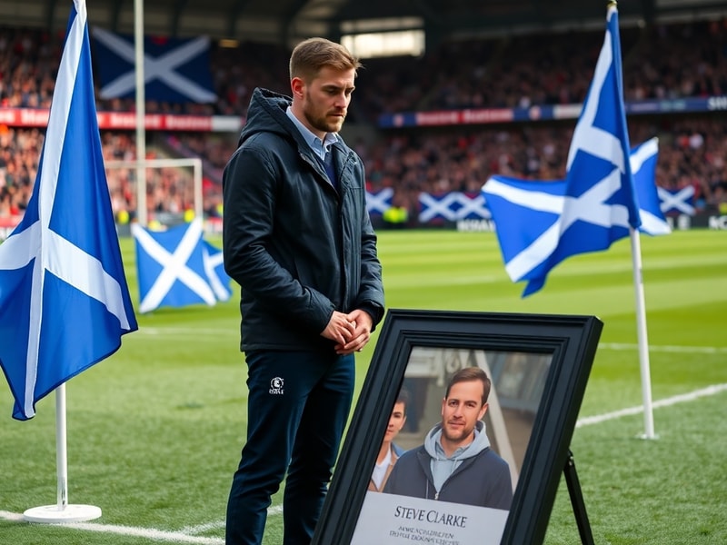 A respectful black-and-white portrait of Andy Robertson in a Scotland jersey, standing on the Hampden Park pitch with a thoug