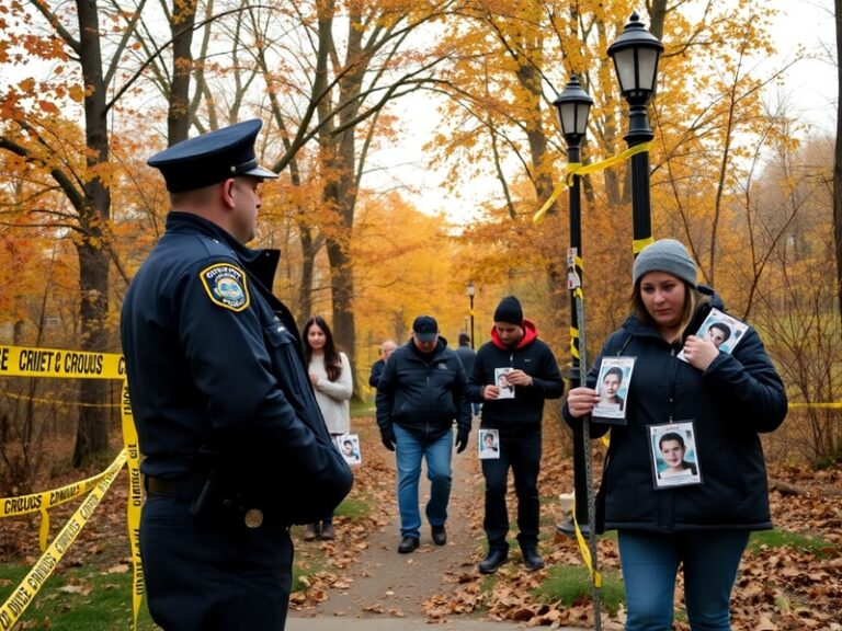 A somber yet hopeful scene of a community gathering at dusk, with volunteers holding photos of missing children, streetlights