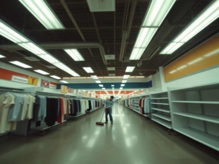 A dimly lit, empty JCPenney store interior with shelves cleared of merchandise, overhead lighting casting long shadows. The s