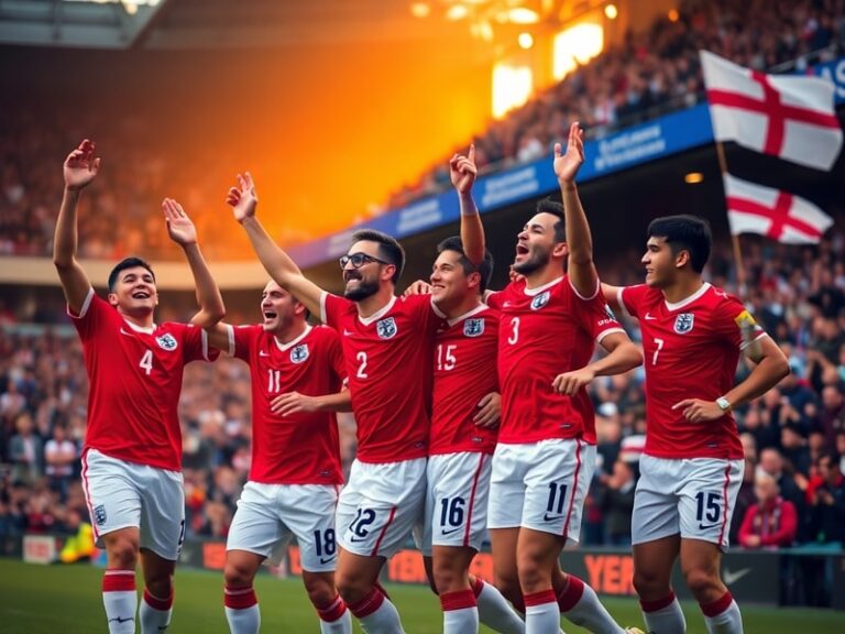 A dramatic photo of England players in red jerseys during a World Cup match, with a penalty kick frozen in mid-air. The backg