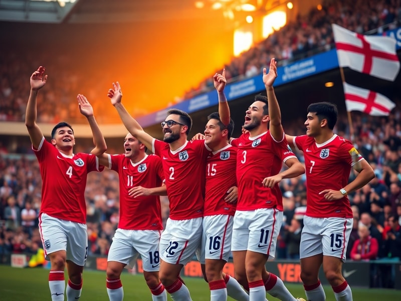 A dramatic photo of England players in red jerseys during a World Cup match, with a penalty kick frozen in mid-air. The backg