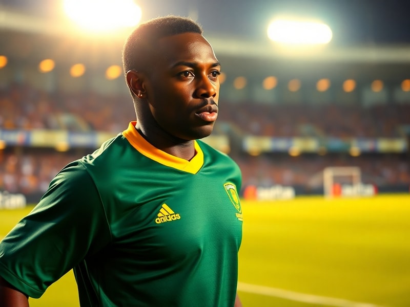A dynamic action shot of Benni McCarthy in a South Africa jersey, mid-celebration after scoring a goal, with a blurred stadiu